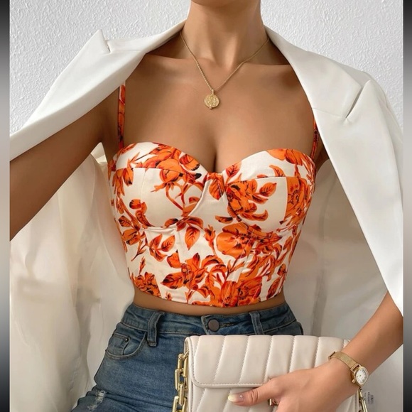 Boho floral print lace up back bustier corset tube satin top - Picture 8 of 16